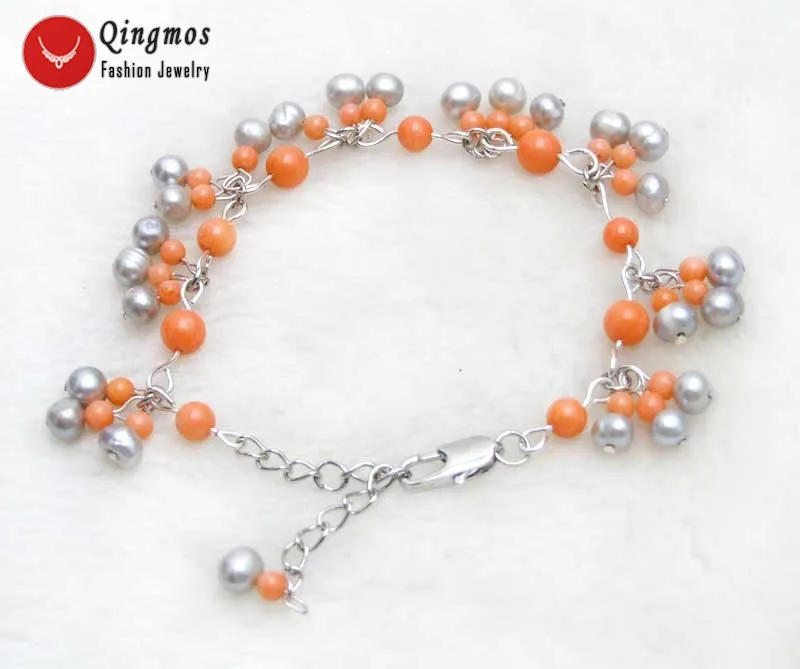 

Qingos Trendy Coral & Pearl Bracelet for Women with 5-6mm Gray Round Pearl and 3-6mm Pink Coral 7-9'' Bracelet Fine Jewelry 383