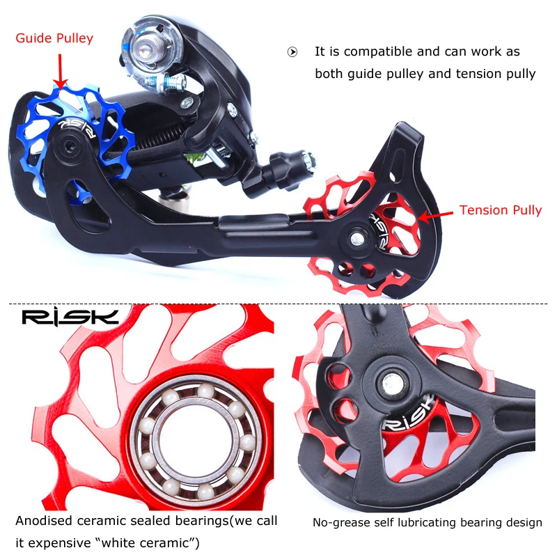 RISK Cycling MTB Mountain Road Bike Bicycle 11T Rear Derailleur Jockey Wheel Tension Guide Pulley Ceramic Bearing Aluminum Alloy image 5