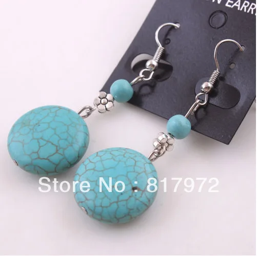 

10 Pairs Charm Tibet Style Retro Fashion Oval stone Bead Silver Plated Dangle Hook Earring Festival Party Free Shipping