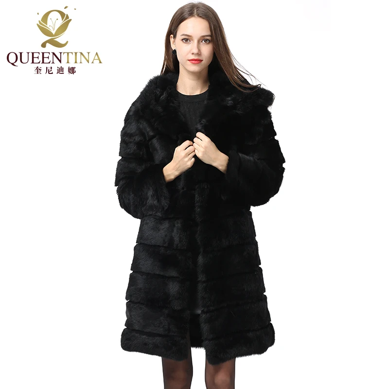 QUEENTINA New Winter Real Rabbit Fur Jacket Black Thick Warm Soft Women Christmas Outwear Full Pelt Natural Fur Coats