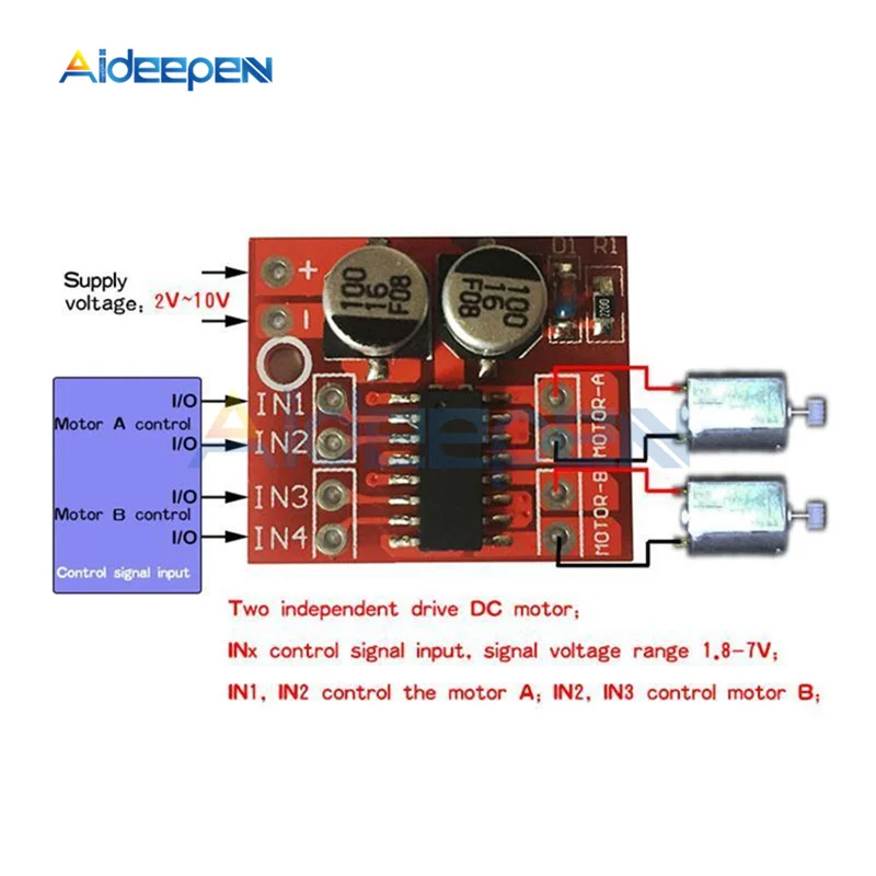 MX1508 DC 모터 드라이버 모듈, 양방향 PWM 속도 듀얼 H 브리지 스테퍼 모터 드라이버, L298N, DC 2V-10V, 1.5A