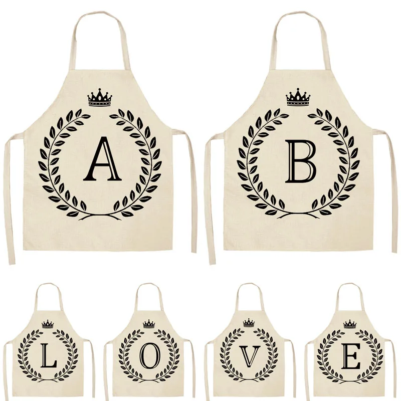 Crown Letter Alphabet Printed Kitchen Apron for Woman Man Cotton Linen Aprons For Cooking Home Cleaning Tools 53*65cm ZM1002