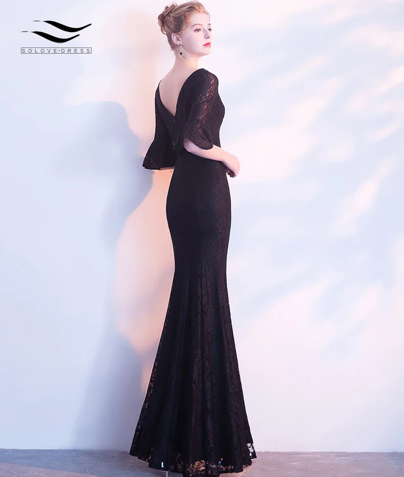 SOLOVEDRESS – Robe de soirée élégante en dentelle, longueur au sol, manches à volants, décolleté en V profond, fente latérale, style sirène noire, modèle de SoireeSLD-S010