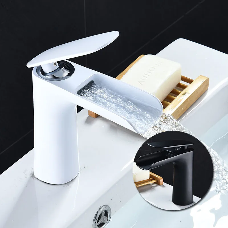 

Basin Faucet Brass Hot & Cold Sink Mixer Tap Bathroom Single Handle Waterfall Basin Faucet Black/White Lavatory Water Crane Tap