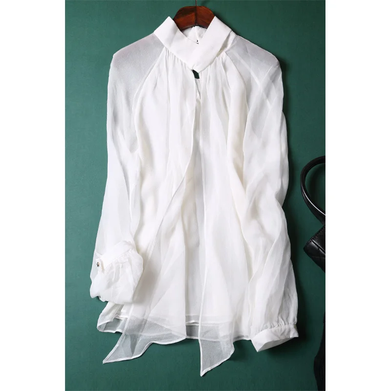 Free shipping Creative stitching shirt bottoming shirt blouse OL silk shirt collar long sleeved chiffon shirt