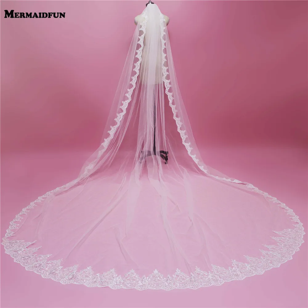 Real Pictures 4 Meters Bling Sequined Lace Long Wedding Veil with Comb Single Tier Bridal Veil Wedding Accessories