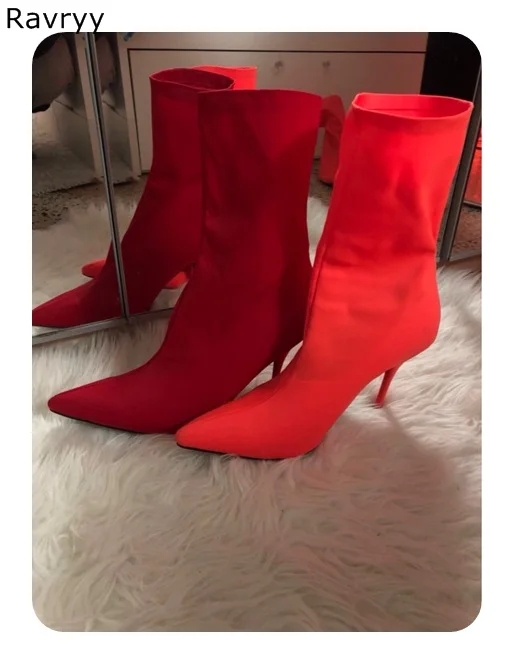 

Red woman's short Boots sexy pointed toe embroider Female elastic booties autumn winter fashion Party show Dress Shoes thin heel