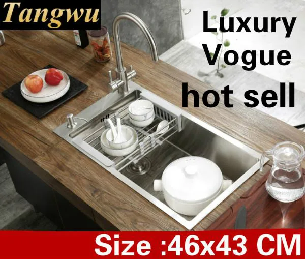 

Free shipping Apartment luxury kitchen manual sink single trough wash vegetables vogue 304 stainless steel hot sell 460x430 MM