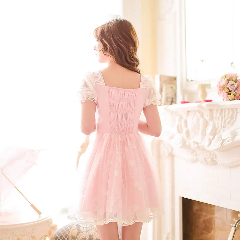 Princess sweet lolita dress Candy rain  new summer Japanese style sweet lace Embroidered flowers chiffon pink dress C16AB6037