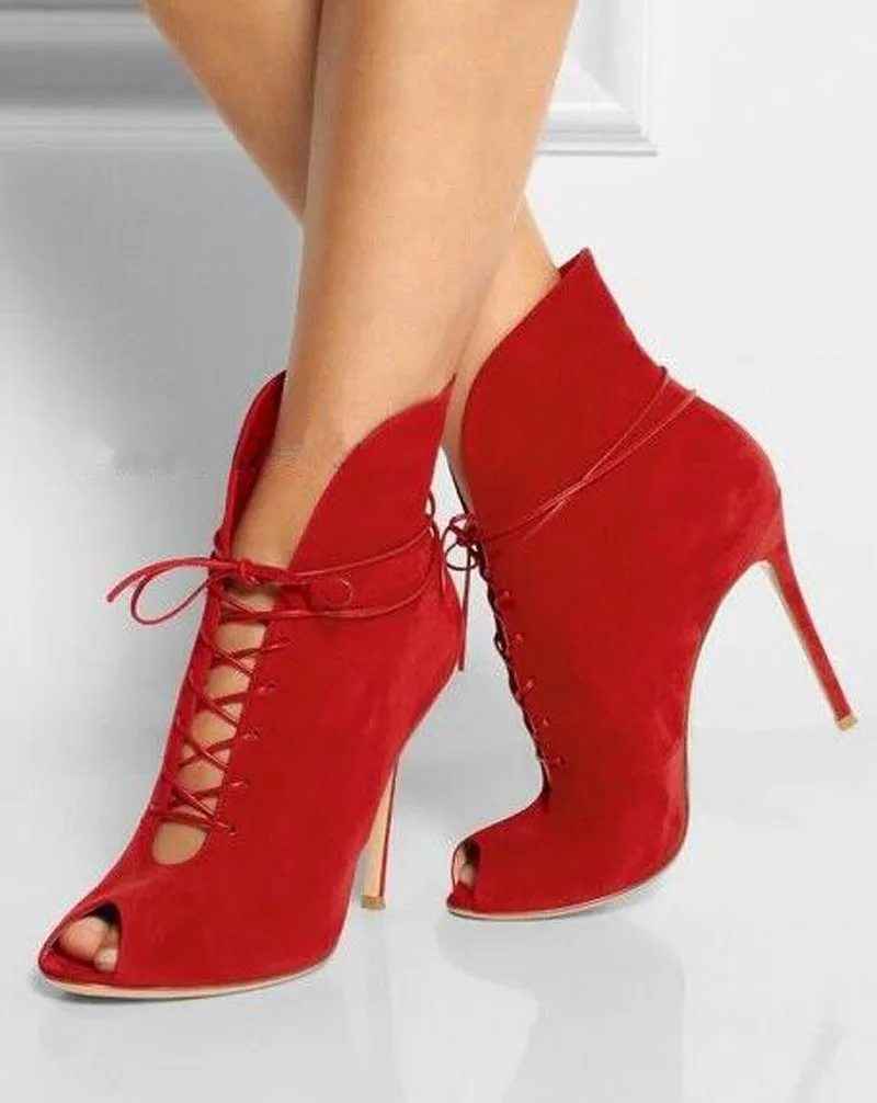 

Women New Fashion Open Toe Red Suede Leather Ankle Gladiator Boots Cut-out Lace-up High Heel Short Boots Dress Shoes