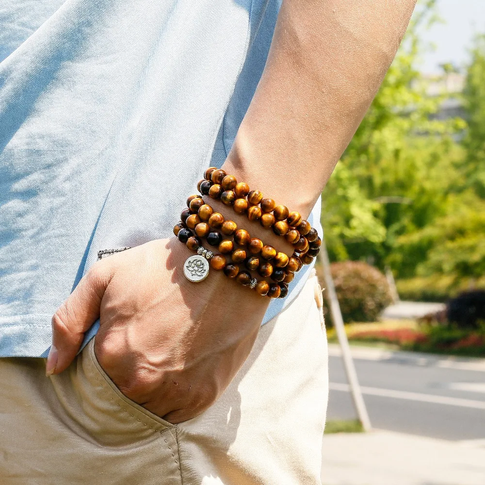 Natural A Grade Tiger Eye 108 Mala Bracelet Om Buddhist Bracelet 8MM Beads Men Bracelet High Quality Yoga Women Stone Jewelry