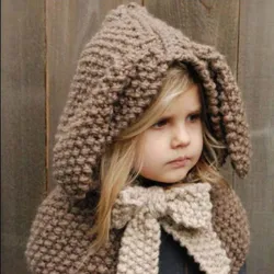 The new 2016 rabbit shape warm knitted cap Children's winter cloak thickening handmade scarves shawl long ear coffee and grey