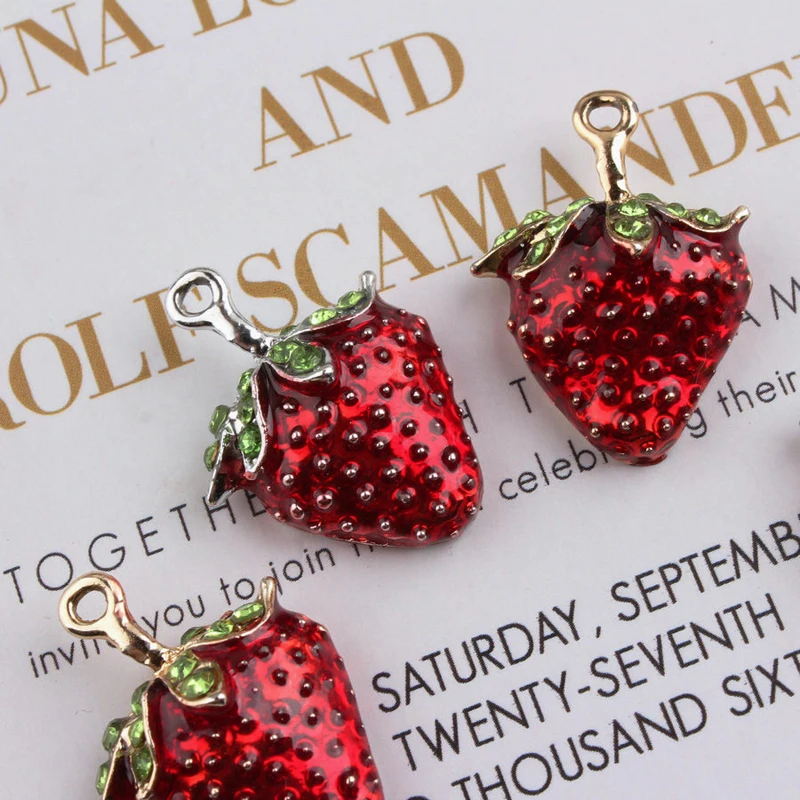 10pcs/Bag Rhinestone Strawberry Charms Bracelets Making Drop Oil Metal Enamel Pendant Earring Hair Jewelry Accessories YZ077