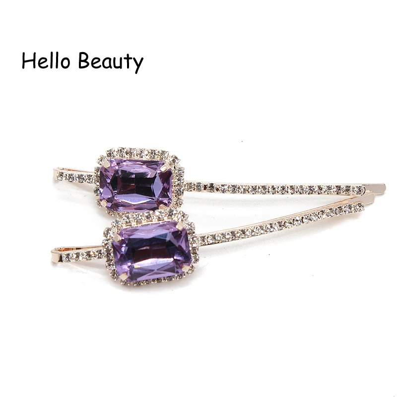 1 Pair Luxury Women Hair Accessories Square Purple Rhinestone Barrette Fashion Blue Hair Clips With Crystals For Girls