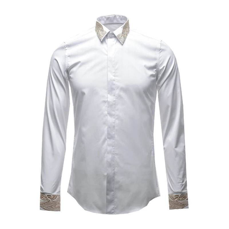 2020 Plus Size Men Autumn Spring Gold Thread Embroidery Solid Business Shirt Plus Size Long Sleeve Casual Slim Fit Shirt White