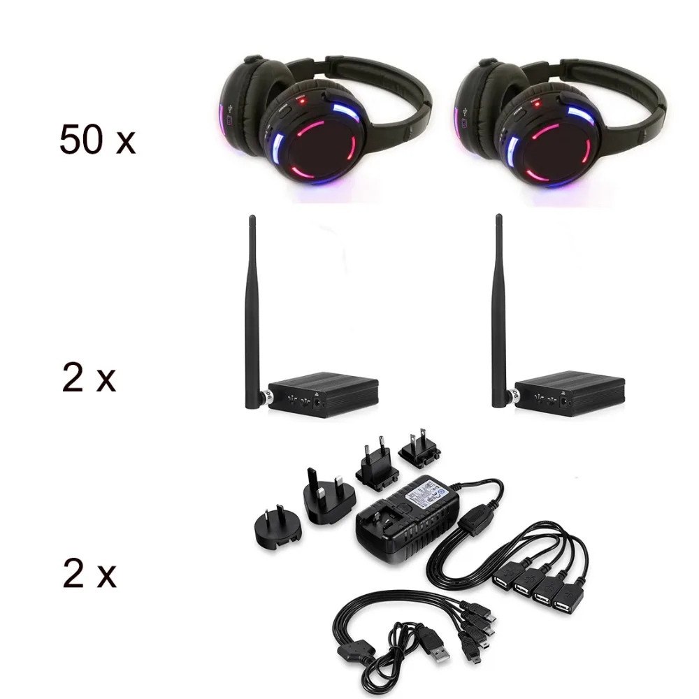 Best Silent Disco Headphones Bundle- LED Flashing Light Wireless Headsets  (50pcs Receivers + 2 Transmitter)