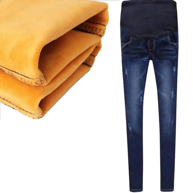 

Winter Jeans Thickened With Velvet Warm Pants Denim Clothing Maternity Clothes For Pregnant Women Elastic Waist Trousers