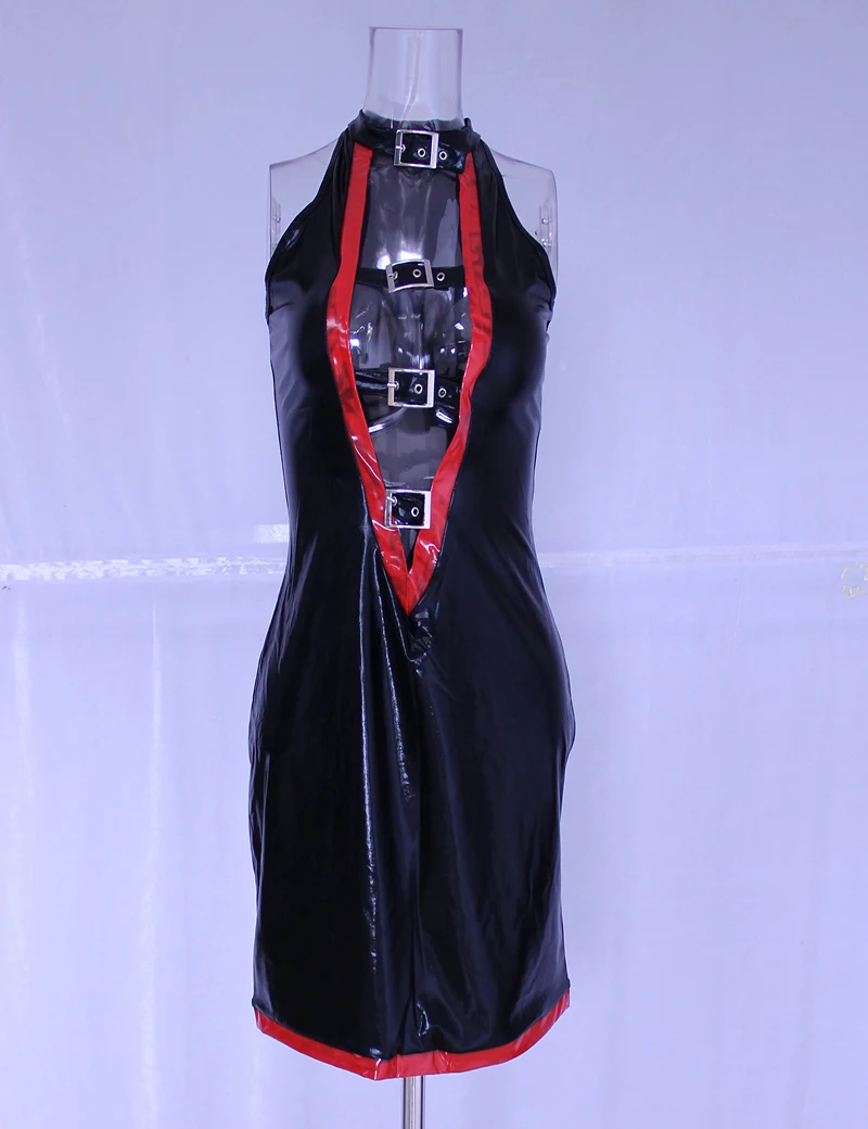 الساخن مثير فو جلدية أكمام البسيطة اللباس جنسي العميق الخامس الرقبة أبازيم تصميم جبهة مفتوحة clubwear اللباس W201135