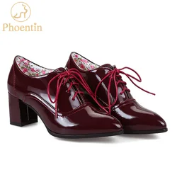 Phoentin wine red lace up women pumps heel shoes pointed toe office concise women heels flower insole shoes large size 48 FT287