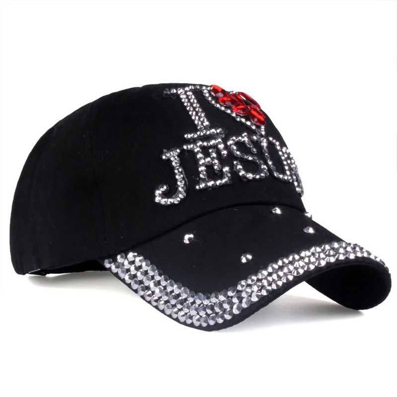 [YARBUU] Baseball Caps 2017 Fashion High Quality Hat For Women JESUS Letter Adjustable Cotton Cap Rhinestone Denim Cap Hat