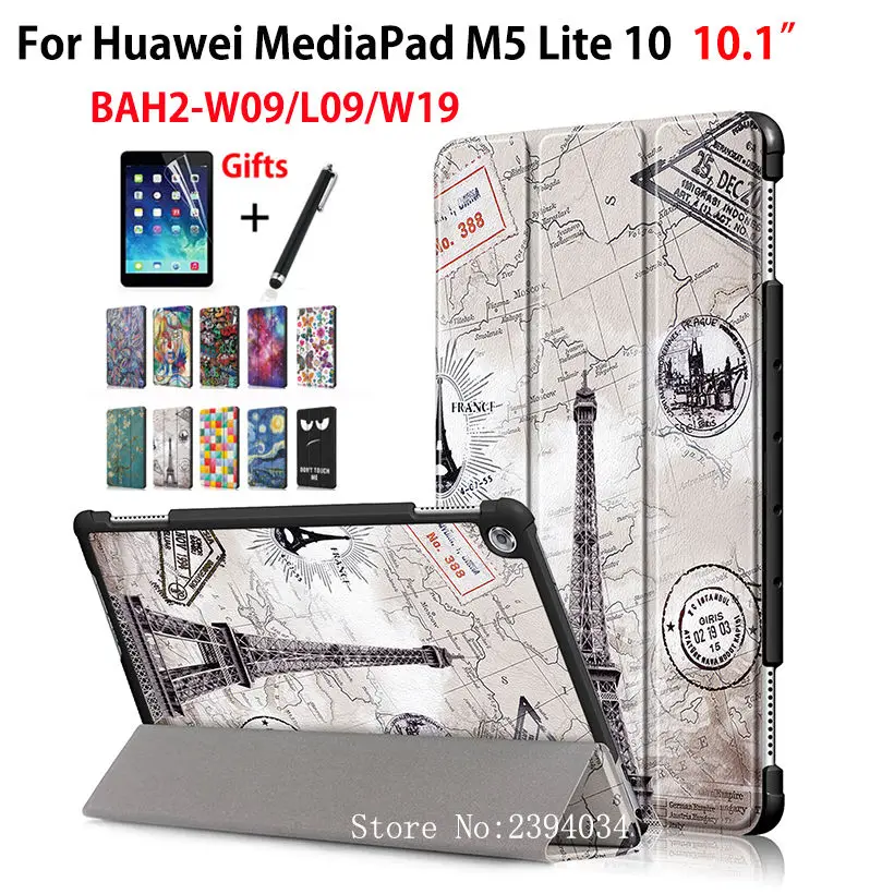 

Ultra Slim Case For Huawei MediaPad M5 lite 10 BAH2-W09/L09/W19 10.1" Cover Funda Tablet PU Leather Folding Stand Shell+Film+Pen