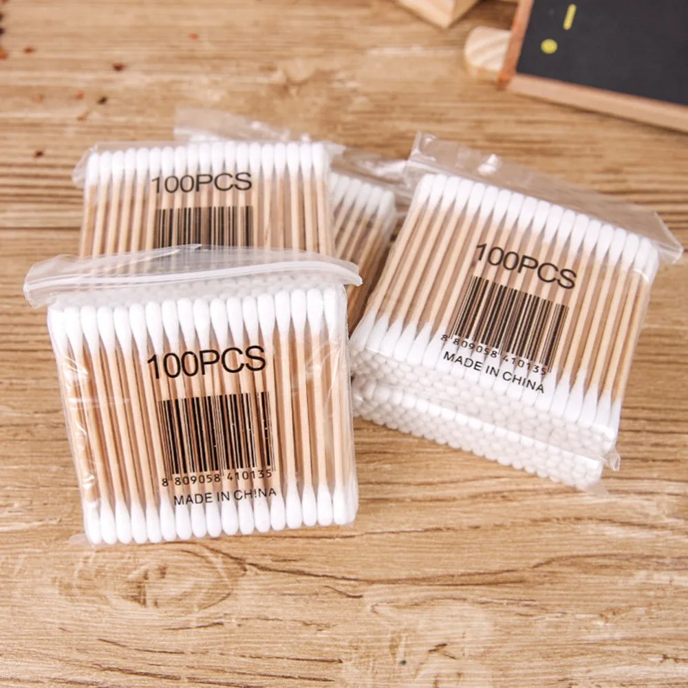 100 stks/pak Dubbele Hoofd Wattenstaafje Baby Vrouwen Make-Up Wattenstaafjes Tip Voor Medische Wood Sticks Neus Oren Schoonmaken Gezondheid zorg