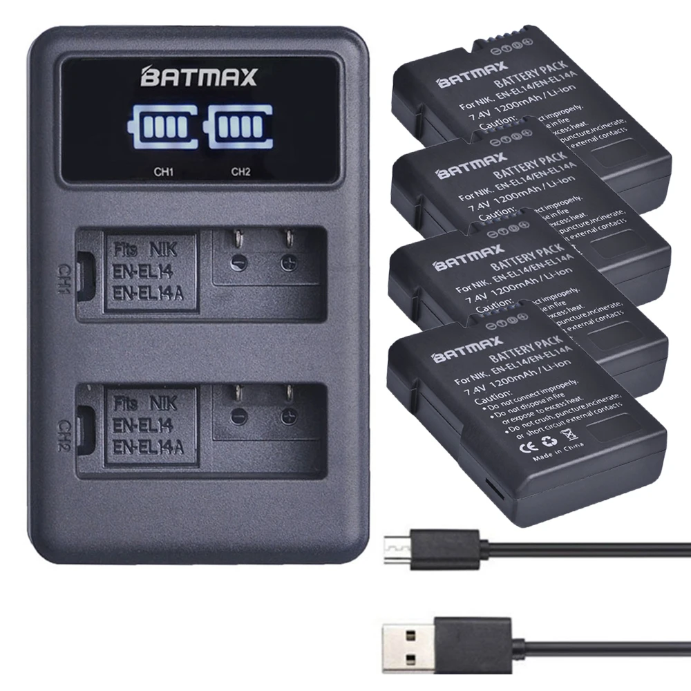 Batmax 4pcs 1200mAh EN-EL14 EN EL14a EL14 Battery+LED Dual USB Charger for Nikon P7800 P7000 D5500 D5300 D5200 D3300 D5600 D3400