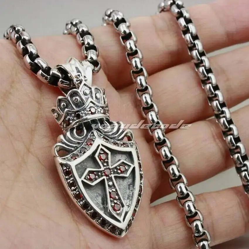 

LINSION Solid 925 Sterling Silver Crown Cross Shield Mens Biker Punk Pendant 8N003