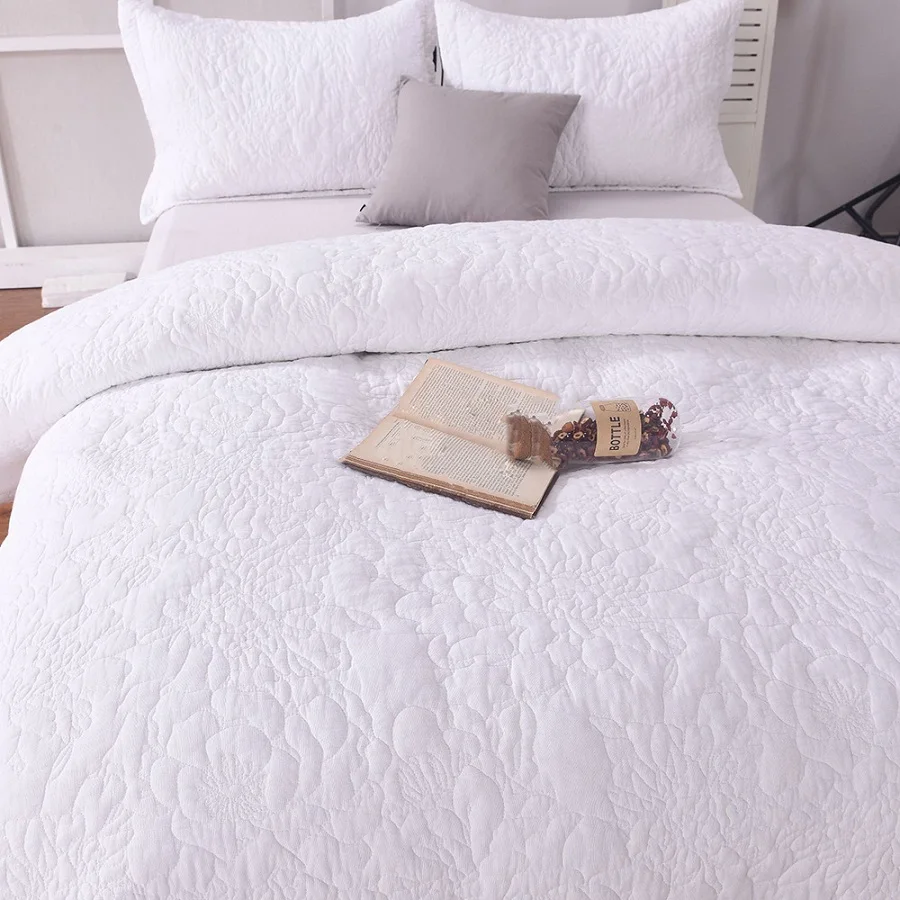 Cotton Bedspread Quilt Sets 3pcs Coverlet Quilted Bedding White Embroidered Quilts Bed Cover Queen Size 230x250CM Blanket