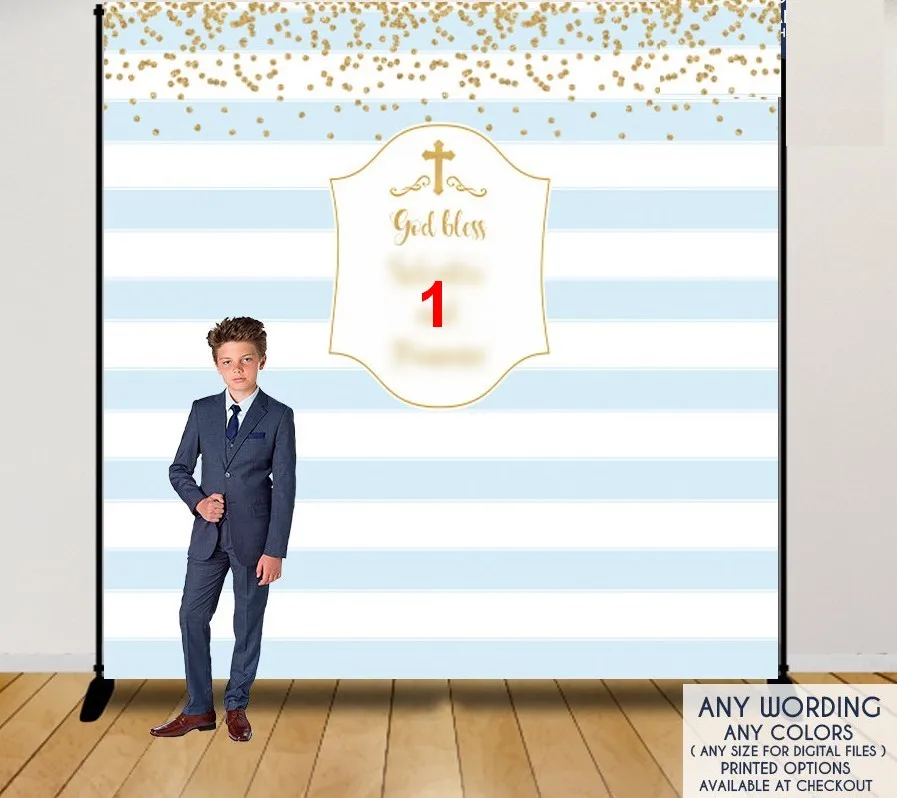 custom first communion repeat blue and white striped gold polka dot background  High quality Computer print party backdrops