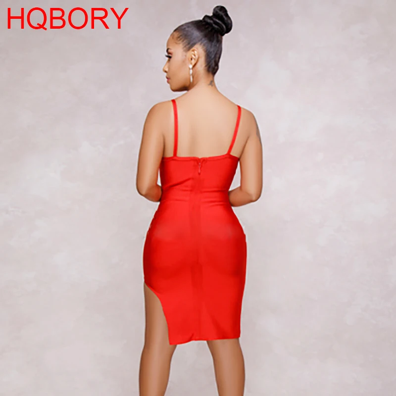 Spaghettibandjes split rood elastisch gebreid 2019 nieuwe sexy dames knielengte bandagejurk