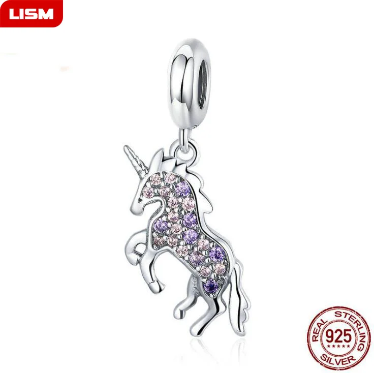 

New Arrival Authentic 925 Sterling Silver Cute Colorful Unicorn Pendant Fit Bracelet Necklace Personality DIY Jewelry Making