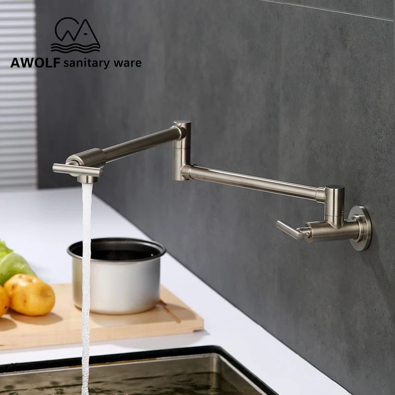 

Kitchen Sink Faucet Pot Filler Tap 100% Solid Brass Floding Chrome Nickel Single Cold Swinging Spout Wall Mounted Faucet FW004