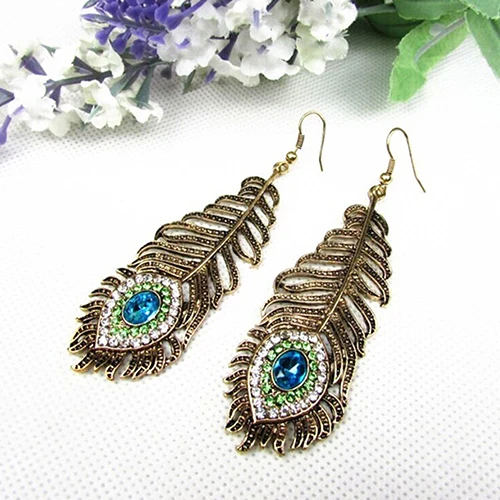 Vintage Rhinestone Peacock Eye Feather Drop Dangle Earrings For Women Jewelry Statement Earrings Party Jewelry Brincos Wholesale