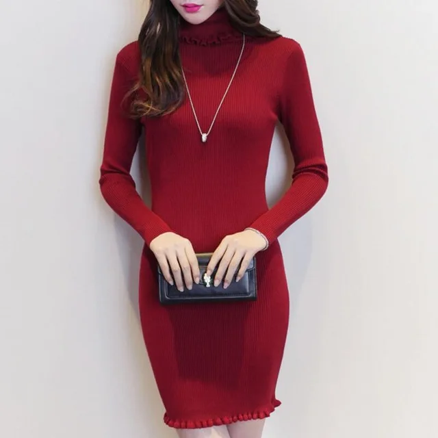 

New Ruffle Neck Sweater Dress Women Fashion Turtleneck Knitted Tops Elastic Sexy Bodycon Pullovers Solid Sweater Dress 1097