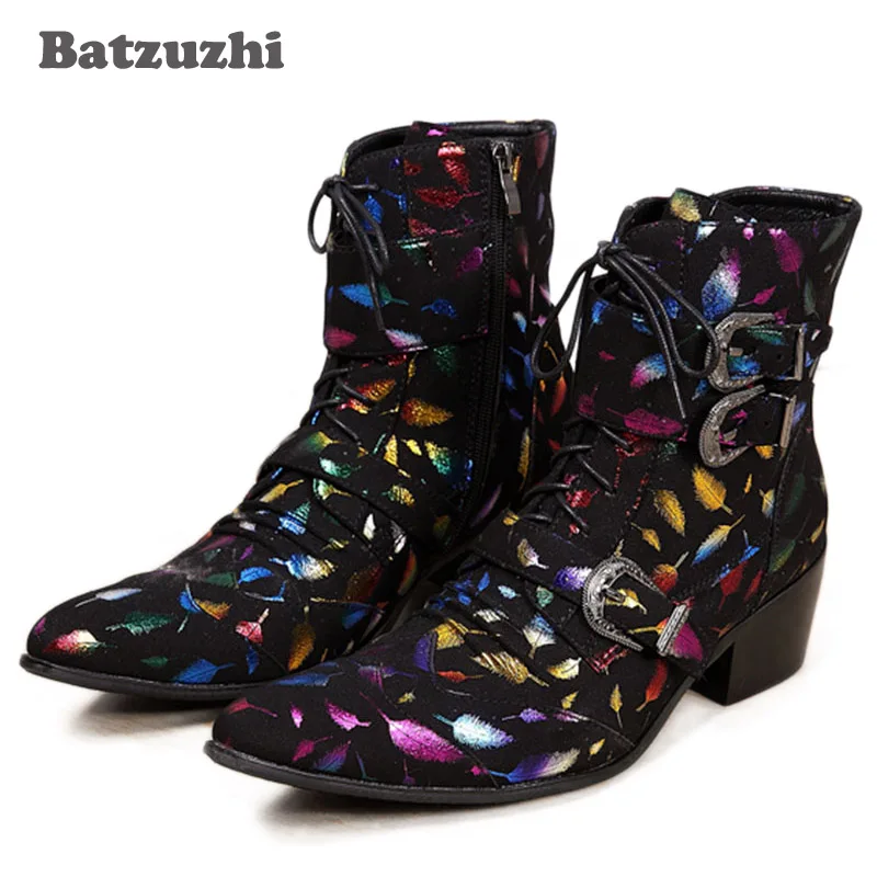 Batzuzhi Western Rock Fashion Men Boots Mid-Calf Motocycle Boots Men Stylist Pointed Iron Toe Black Suede Leather Boots Men, 46