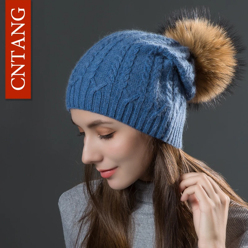 CNTANG Autumn Winter Women\'s Rabbit Fur Knitted Twist Hats Fashion Warm Caps With Natural Fur Pompom Female Hat Skullies Beanies