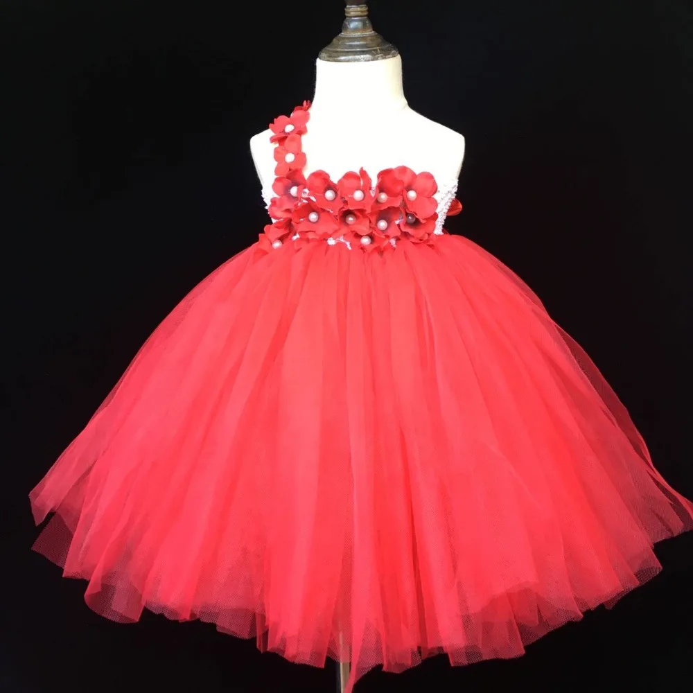 Girls Red Tutu Dress Kids Fluffy Single Shoulder Tulle Dress Ball Gown with Pearl Flower Headband Children Wedding Party Dresses