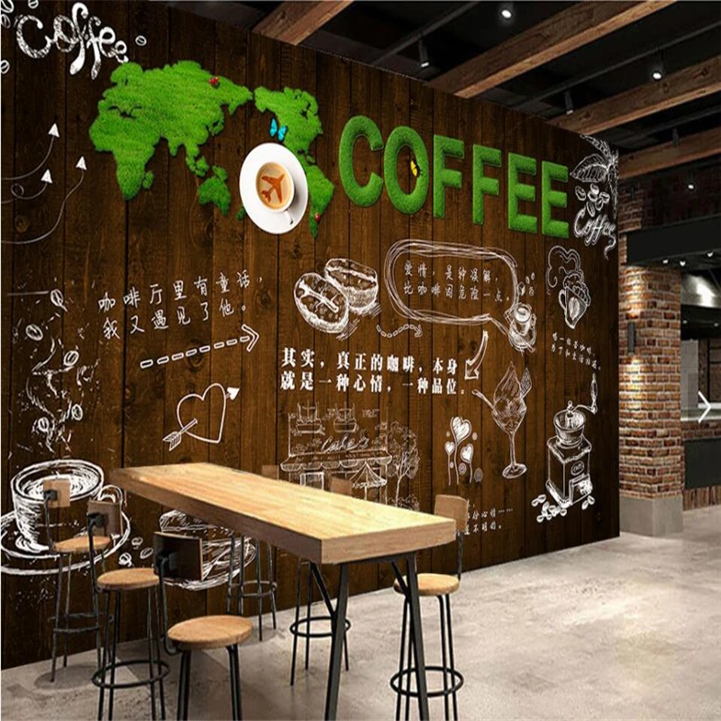 

beibehang Wooden green grass letters bar coffee shop background wall custom large and medium - sized murals silk silk wallpaper