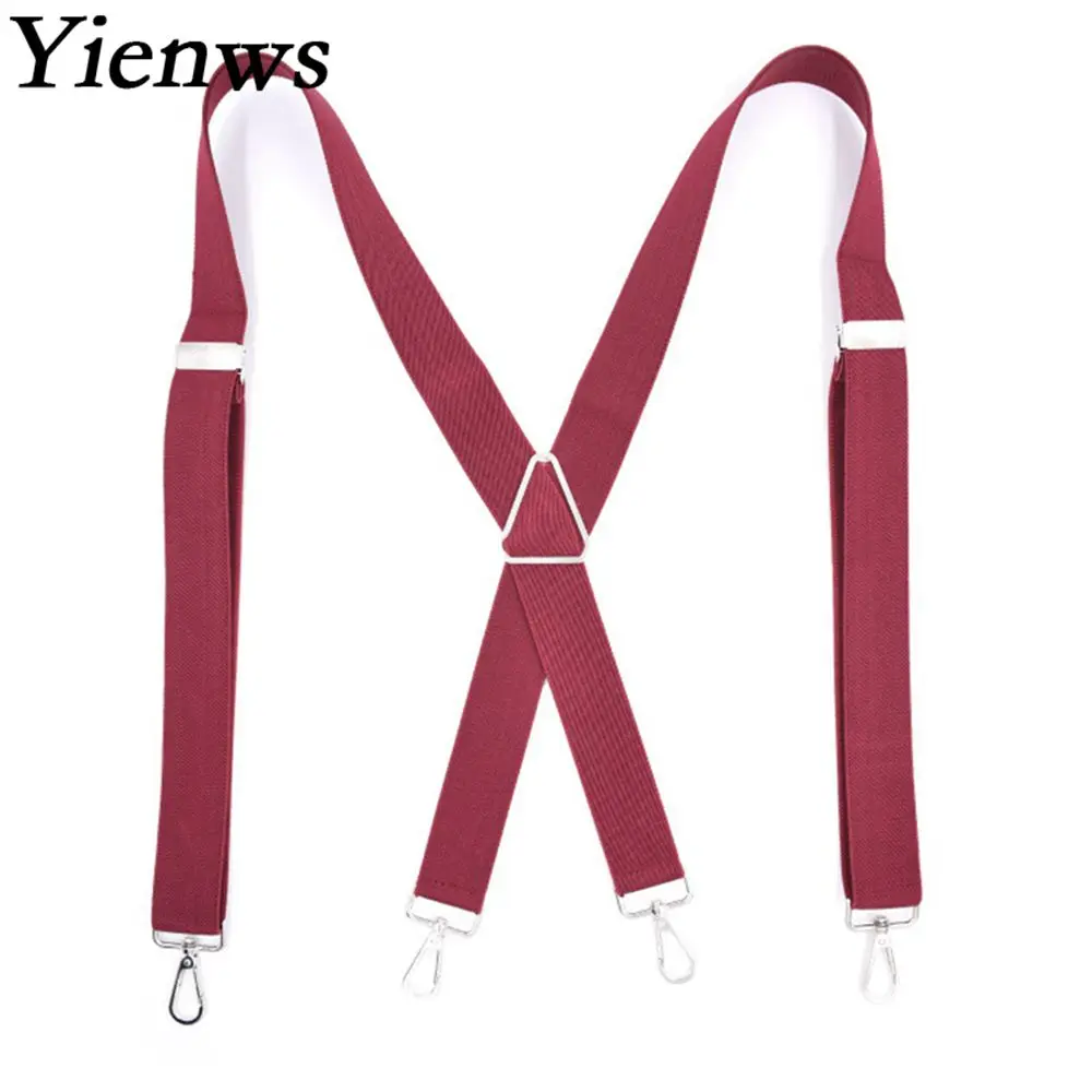 Yienws Mens Suspenders X Sharp Strap Braces for Trousers 4 Hook Suspensorio Bretels Mannen 3.5*120cm Burgundy Black Khaki YiA081