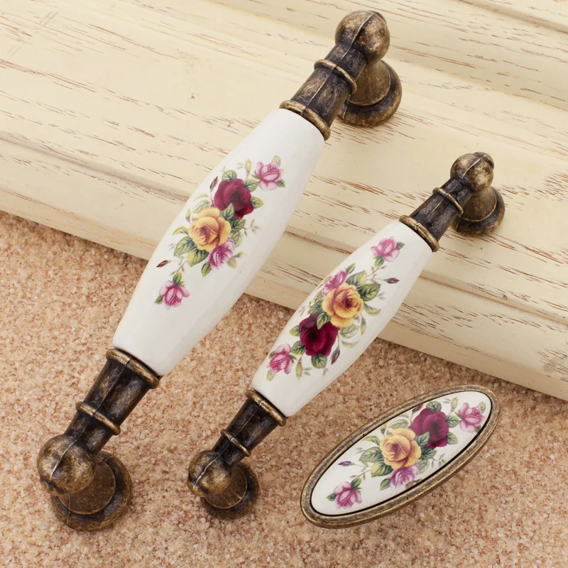 Antique Furniture Handles Vintage Drawer Pulls Ceramic Chinese Flower Door Knobs for Kitchen Cupboard Cabinet Hardware Decor