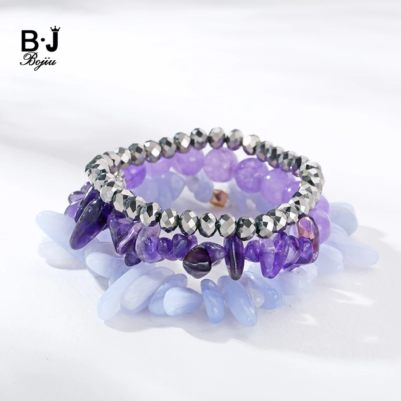 Bojiu Women New Bracelet Purple Chips Silvery Crystal Bead Lilac Ag.Beaded Bracelets 3pcs/set Stack BCSET53