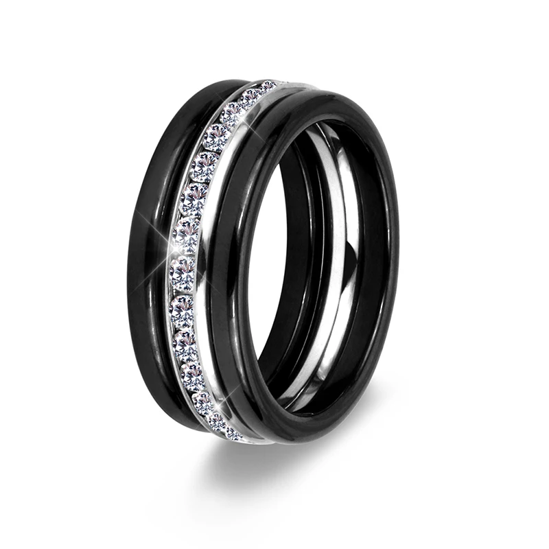 3PCS/Set Modern Colorful Rings Set Innocuous Health Ceramic Rings With White Stone Crystal For Women Stainless Steel Hot Ring
