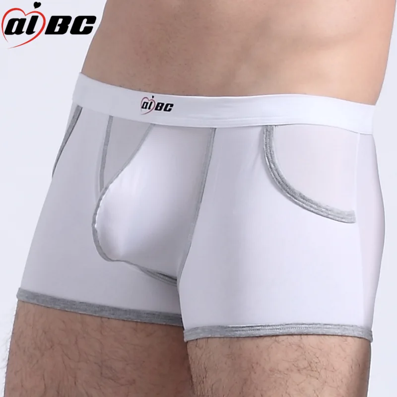 AIBC Big Penis Puch Sexy Underwear Men Boxer Shorts Bulge Novelty Pockets Ice Silk Boxers Men Underpants Transparent Panties