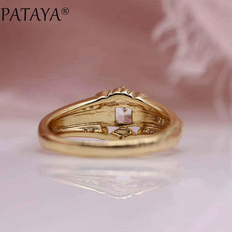 PATAYA New Arrivals 585 Rose Gold Color Square White Natural Zircon Rings Russian Characters Women Wedding Ring Fine Jewelry