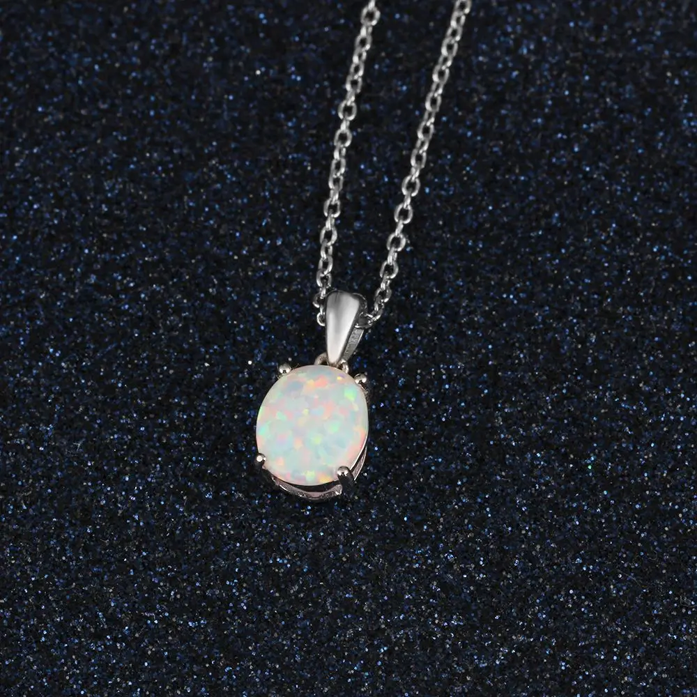 Silver Color Pendant Necklace Choker Created Oval White Pink Blue Opal Women\'s Neck Chain Necklace Birthday Fashion Jewelry Gift