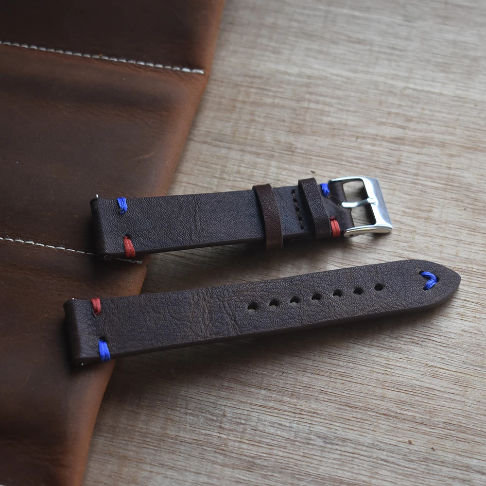 Handmade WatchBand Genuine Soft Leather Strap Watch Wristband Replacement 18mm 20mm 22mm 24mm Dark Brown Red with Blue Stitching