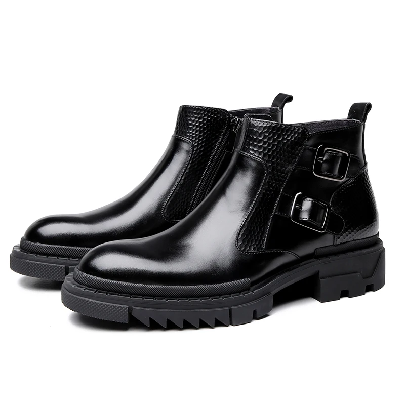 

Fashion Black Platform Shoes Mens Ankle Boots Genuine Leather Boots Male Outdoor Casual Shoes With Double Buckle