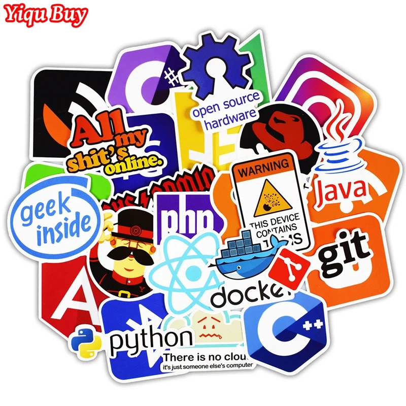 

50 Pcs Java Internet JS Php Docker Bitcoin Html Cloud Programming Language APP Logo Funny Stickers for Laptop Car DIY Stickers