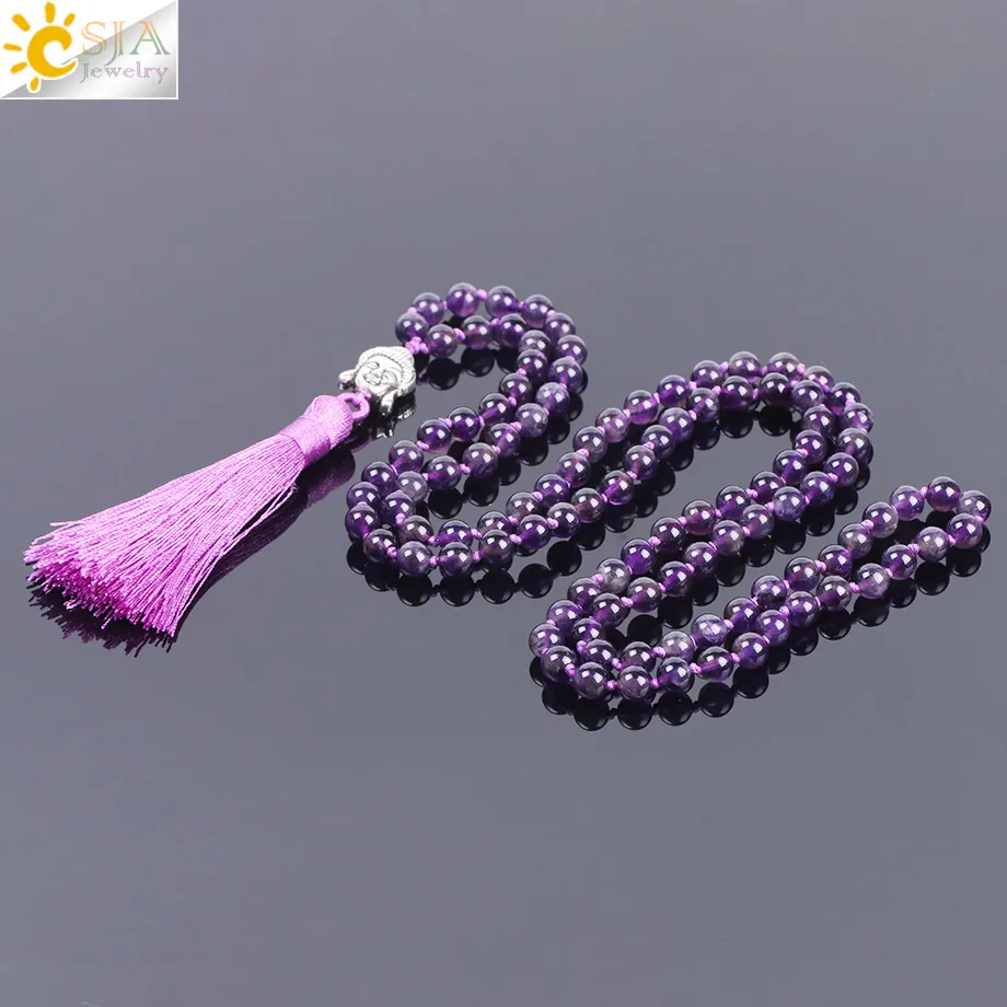 CSJA Natural Amethystine Purple Crystal Quartz Tassel Necklaces Round Gem Rosary 108 Mala Beads Buddha Meditation Casual F171